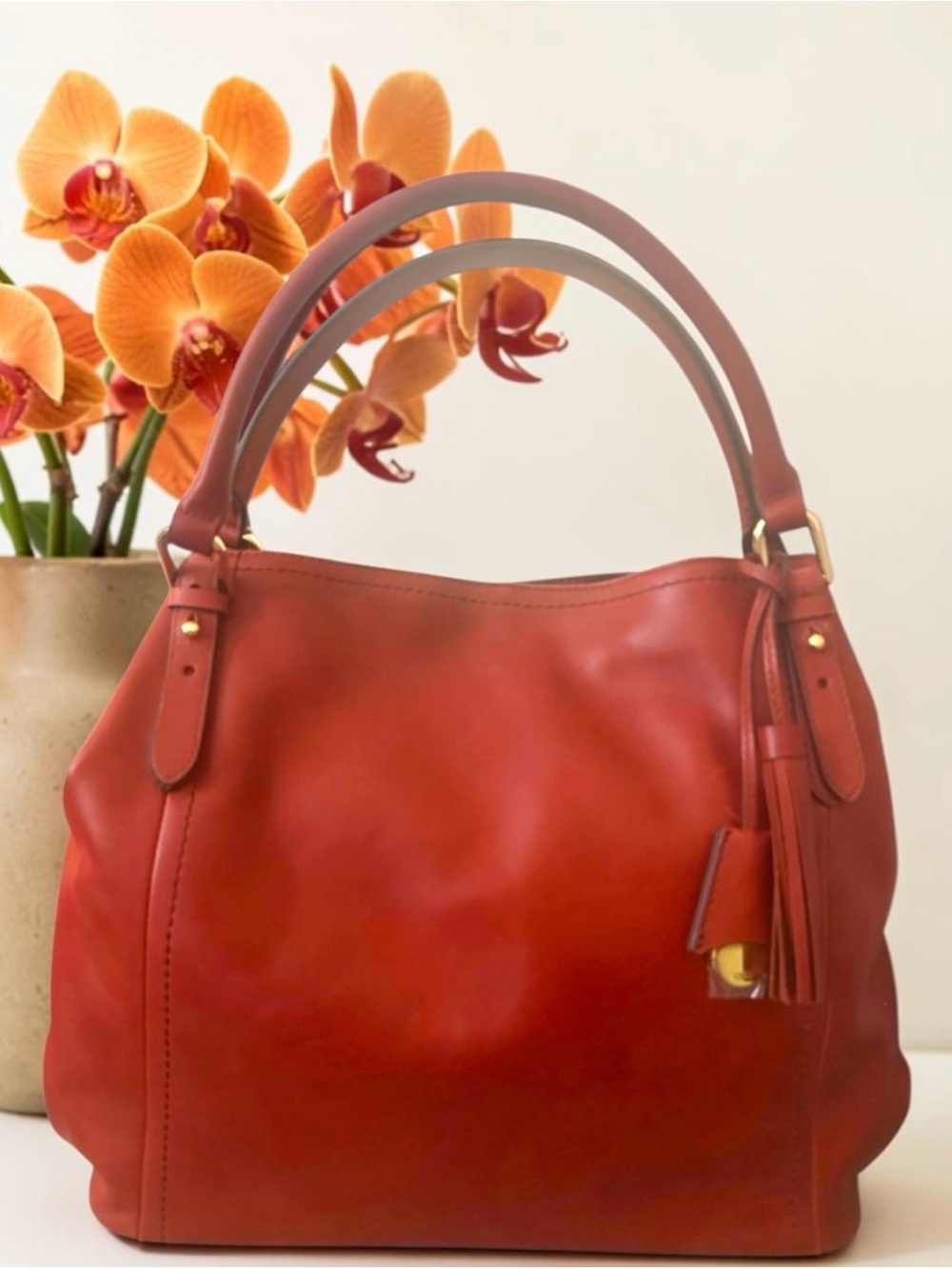 Red Leather Tassel Shoulder Bag - Women